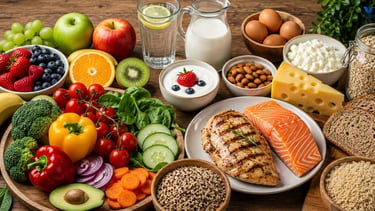 A variety of fresh vitamin packed foods set out for a balanced fitness nutrition diet.