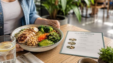Customer choosing a healthy grilled chicken salad with vegetables and water at a modern restaurant.