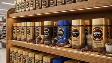 Different Nescafé Gold coffee varieties including Original, Decaf and Espresso jars