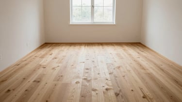 Straight-on medium shot of a pristine completed carpentry workspace, clean hardwood floors, bright natural light pouring through a window, 35mm