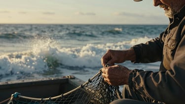 Cinematic wide 2.39:1 crop. Golden hour light hitting the weathered hands of an old fisherman repairing a dark net, dramatic sea spray in the background, high-contrast.