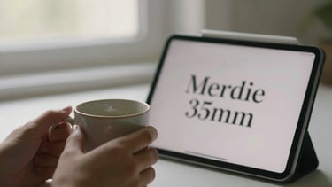 Close-up of hands holding a warm ceramic mug next to a tablet showing clean, spacious serif typography, soft morning window light, muted olive tones, shallow depth of field, 35mm