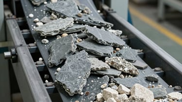 Photography of an industrial sorting conveyor belt at a Gayen facility, vibrating with slate gray and off-white minerals being processed for civil engineering.