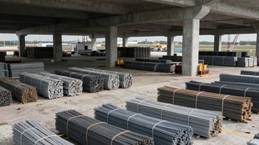 Wide shot of a massive concrete terminal under construction in North America, showing the raw material stockpiles provided by Gayen Construction.