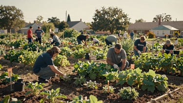 Wide panoramic shot of a sunlit community garden in the late afternoon, local leaders and volunteers working together in the background, warm natural daylight, 35mm film grain