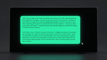 Wide panoramic view of a sleek ALIX AI chat interface on a pure black screen, emerald-teal glow outlining a streaming text response mid-sentence, a blinking cursor at the end, cool studio rim light catching the screen edges, minimal dark UI visible