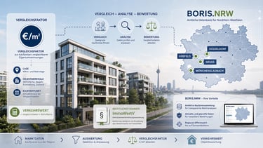 Stilisierte Fachgrafik zur Immobilienbewertung von Eigentumswohnungen in NRW mit Vergleichsfaktoren
