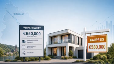Darstellung zur Immobilienbewertung mit Gegenüberstellung von Verkehrswert und Kaufpreis.
