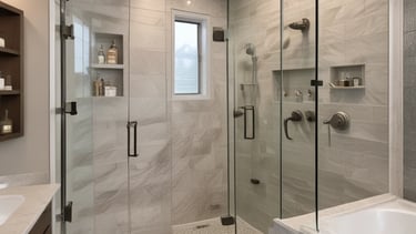 Before and after image of a bathroom remodel featuring stone panel surrounds.