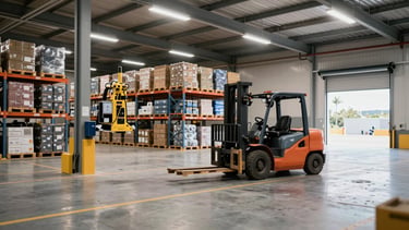 Wide panoramic interior of a logistics hub facility in Alicante, forklift moving a pallet in the mid-ground, scanning equipment mounted on a pillar to the left, overhead industrial lighting illuminating organized rows of goods on shelving, loading dock doors open on the far right revealing daylight, no people visible, clean operational environment