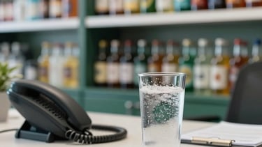A professional South American / Brazilian office setting for a beverage distribution company. A clean, modern desk with a telephone and a glass of refreshing sparkling water. In the background, blurred shelves showing organized beverage bottles. Natural bright lighting, with dark green and muted blue green accents.