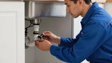 A professional plumber wearing a Deep Ocean Blue uniform inspecting pipes under a modern kitchen sink. The setting is a bright, clean, Middle Eastern / Turkish household. High-quality photography, natural soft lighting, emphasizing professional service and efficiency.