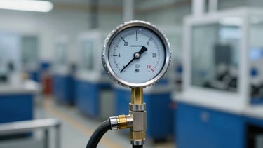 A manifold pressure gauge showing stable pressure readings in an automotive assembly plant, sharp focus, industrial studio lighting.