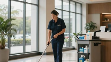 A bright, upscale North American commercial lobby with large windows and polished tile floors. A professional cleaner wearing a subtle dark navy uniform is visible in the background, near a modern cleaning cart with organized supplies. The lighting is soft and airy, highlighting a meticulously clean and hygienic environment. The scene feels modern and efficient.