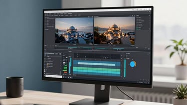 A sophisticated tech office in Istanbul, Turkey, with a modern desk setup. A high-resolution monitor shows professional video production tools with a sleek interface. The room is filled with soft natural light from a window, featuring a minimalist design with slate blue and off-white accents, reflecting a professional and innovative mood.