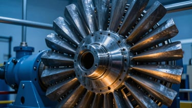 Macro photography of a high-pressure steam turbine rotor, sharp steel blades, dramatic blue-hour technical lighting with glowing amber accents, professional 35mm.