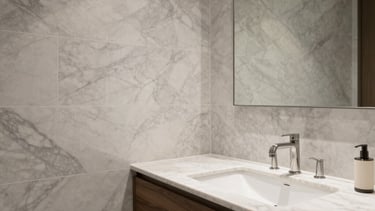 Architectural photography of a luxury bespoke bathroom interior in a Northern European home. Features high-end marble walls in soft gray and off-white, a minimalist dark wood vanity, and refined muted brown accents. The lighting is soft and natural, emphasizing the precise craftsmanship and understated luxury style.