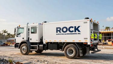 Wide panoramic shot of a branded ROCK SURVEYING & ENGINEERING INC. field truck, heavy-duty, parked on an active construction site at dawn, high-visibility safety gear visible, bright direct Florida sunlight, sharp focus.