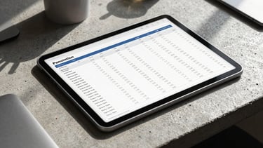 A high-contrast macro shot of a tablet displaying a complex financial spreadsheet on a concrete desk, sharp architectural shadows, modern workplace.