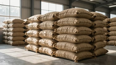 Structured warehouse environment with neatly stacked burlap sacks of grain, clean concrete floor, daylight streaming through high windows.