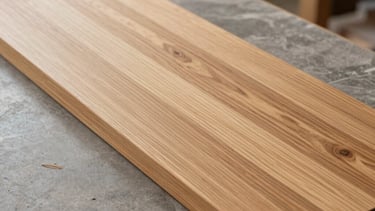 Photographie professionnelle d'un artisan menuisier européen travaillant dans un atelier de rénovation moderne. Composition épurée avec des finitions en bois de couleur golden wood et des surfaces gris ardoise. Éclairage naturel doux mettant en valeur la texture du bois et le savoir-faire de l'entreprise Espace Cornions.
