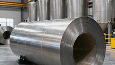 A professional wide-angle photography shot of a modern industrial facility in Mexico. High-quality rolled steel plates and large industrial tanks are visible in a clean workshop. The lighting is bright and clear, emphasizing metallic textures and industrial yellow accents against a dark grey floor.