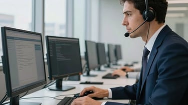 Professional photography of a modern corporate office interior in Brazil. The scene features a clean workstation with telecommunications headsets and screens, soft natural lighting from large windows, and a professional atmosphere using dark navy blue and platinum gray tones. South American / Brazilian setting.