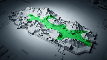 Full-bleed desaturated wireframe architectural schematic of the Rocky Mountain sector, with highlighted anomaly zones in emerald green, cold high-contrast laboratory light, extreme overhead perspective.