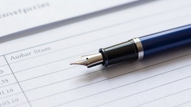 Macro shot of a fountain pen resting on structured audit paperwork, crisp white ledger paper, deep navy ink accents, sharp focus, cool window daylight.