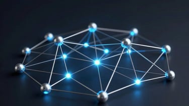 A minimalist, artistic representation of interconnected digital nodes glowing in sky blue and silver. It symbolizes a financial hub network. Dark background, professional finish.