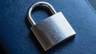 Clean, high-detail macro shot of a metallic surface with light reflecting off sharp edges, representing security and precision in smart contracts. Deep navy and royal blue palette.