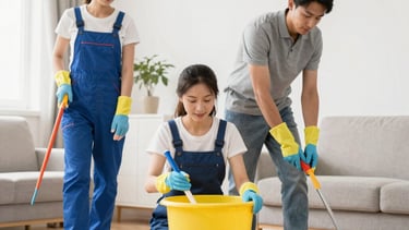 Housekeeping staff cleaning a modern office lobby.