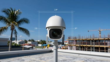 A digital security camera interface showing an active construction site on a port roof, technical overlay with timestamp and grid lines, high-contrast tropical daylight, blue tones.