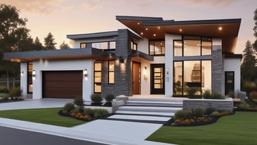 Photo of a newly built modern custom home under a bright blue sky.