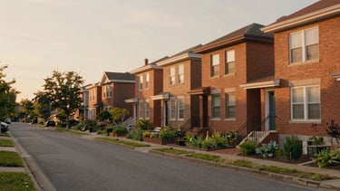 Wide panoramic shot of a quiet revitalized Georgia street at sunset, warm brick homes, community gardens, soft golden light, negative space on the left.
