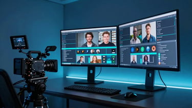 A high-end, minimalist digital production studio in São Paulo, Brazil. The scene features professional cinema cameras and large monitors showing social media engagement analytics. The room is bathed in cinematic dark blue and neon cyan lighting, exuding a futuristic and premium creative atmosphere.