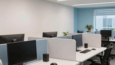 A high-end, modern architectural photograph of a software development studio in Kitchener. The scene features clean lines, off-white walls, and light blue accents. There are ergonomic workstations with sleek technology in a North American / Canadian professional setting. The lighting is bright, natural, and user-focused.