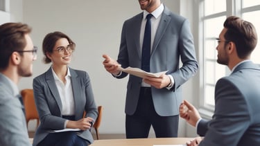 A confident real estate agent discussing property details with a client