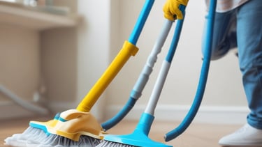 A professional cleaner wiping a kitchen countertop in a bright home.
