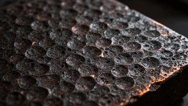 Macro shot of hand-hammered charcoal iron texture, showing raw hammer marks and subtle bronze highlights, dramatic low-key lighting.