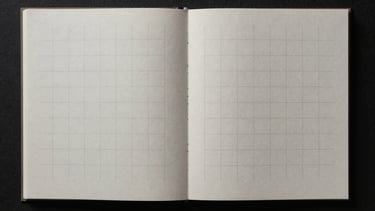Symmetric flat-lay of a minimal brand style guide printed on thick textured paper, open to a page displaying proportional grid lines