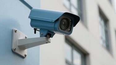 Professional photography of a technician inspecting a high-tech surveillance camera on a clean building facade in a North American / US urban setting. The composition is a close-up with a shallow depth of field. Lighting is bright, natural daylight. The color palette features steel blue equipment against pale blue and off-white walls, emphasizing a reliable and expert service mood.