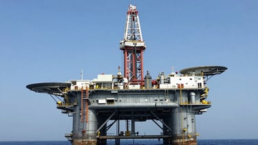Wide panoramic view of a modern offshore oil rig in the Arabian Gulf, clear blue sky, industrial photography, sharp detail, cool steel tones.