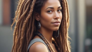Smiling woman with beautifully styled afro hair, bathed in soft golden sunlight