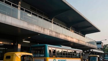 A professional South Asian / Indian urban street scene during the evening golden hour, featuring a modern transit hub with vibrant bus and auto-rickshaw branding. The photography style is sleek and dynamic, with architectural lighting in deep navy and soft teal tones against a clear blue-grey sky.