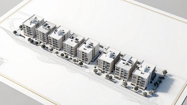 Stylized architectural blueprint of a coastal residential development, clean lines, minimalist layout with subtle golden accents on the drawing borders.
