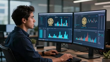 A sophisticated digital entrepreneur in a modern Latin American office, looking at high-resolution screens displaying cryptocurrency trends and AI analytical charts. The lighting is soft and cinematic with deep navy and blue accents, reflecting a professional and innovative atmosphere.