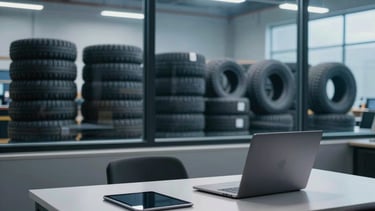 A professional photography shot in a North American logistics hub featuring a modern warehouse office. Through a large window, stacks of tires are visible in the background, neatly organized. The foreground shows a clean desk with a laptop and tablet. The lighting is crisp and business-like, emphasizing a professional color palette of charcoal navy and muted steel blue.
