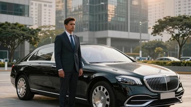 A professional chauffeur in a crisp suit standing beside a luxury black sedan. The car is parked in a clean, modern South American / Brazilian urban plaza with tall glass buildings. Soft morning light, professional and comfortable atmosphere, premium car rental vibe.