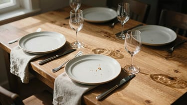 Overhead tablescape of a rustic wooden dining table, linen napkins, ceramic plates with crumbs, empty wine glasses, soft afternoon directional window light, warm earthy tones, 35mm film